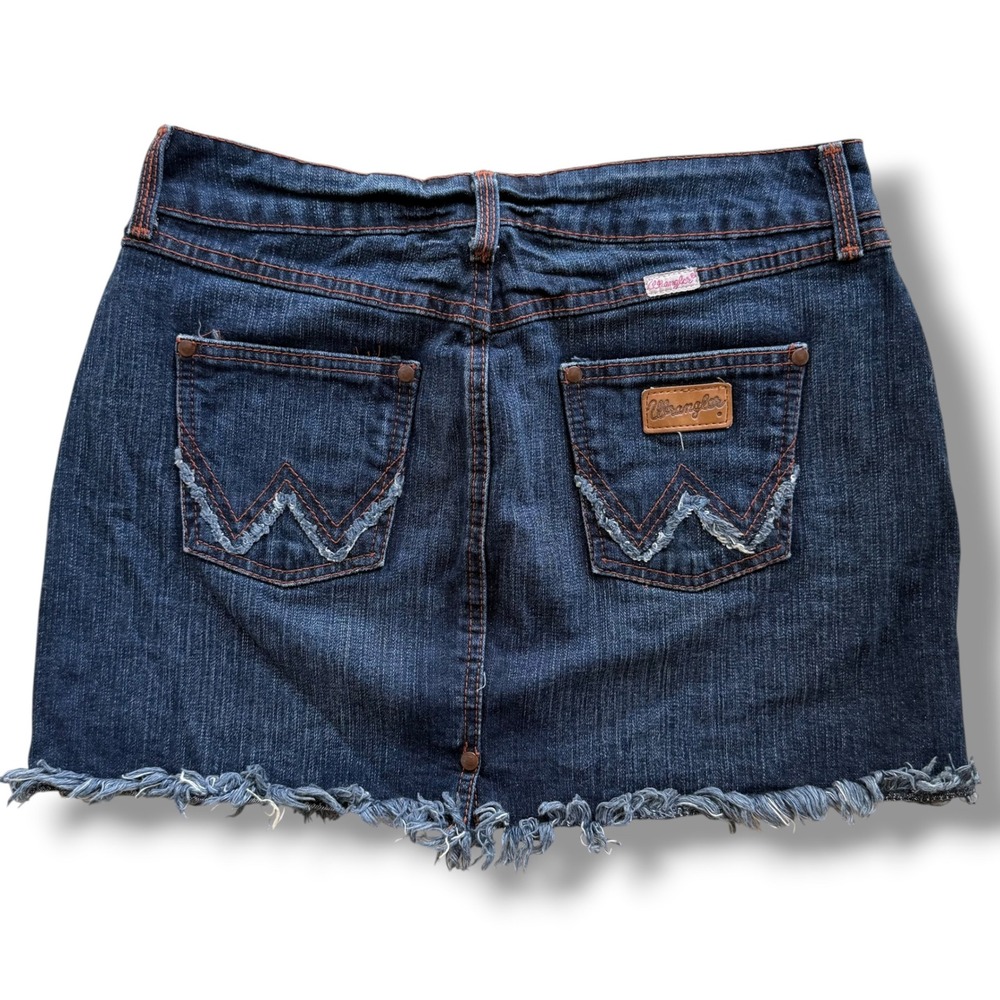 Wrangler Premium Patch Juniors 7 Dark Wash Denim Raw Hem Low Rise Jean Skirt Y2K